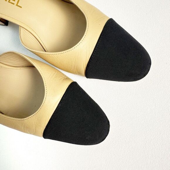 CHANEL Beige & Black Cap Toe Slingback Heels 39 US 8.5 CC Logo Almond Toe - Picture 5 of 14